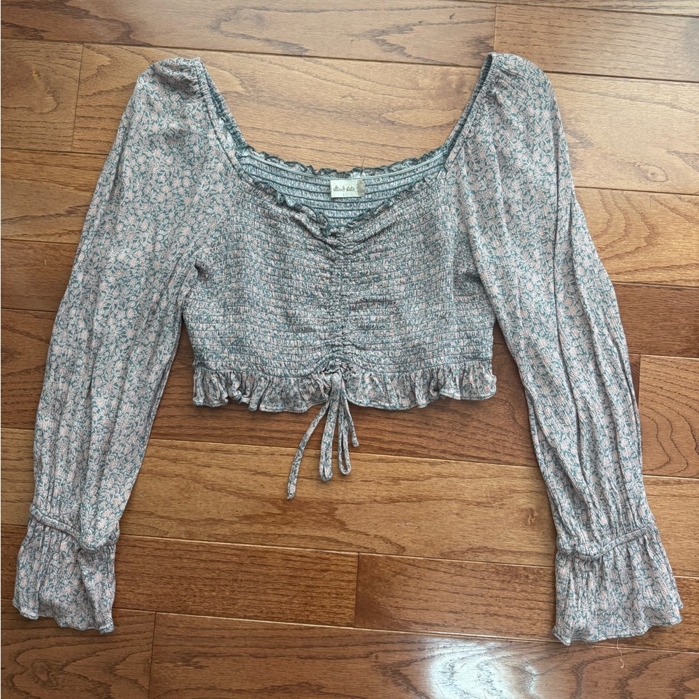 Altar'd State Pink and Gray/Blue Long Sleeve Crop Smocked Blouse